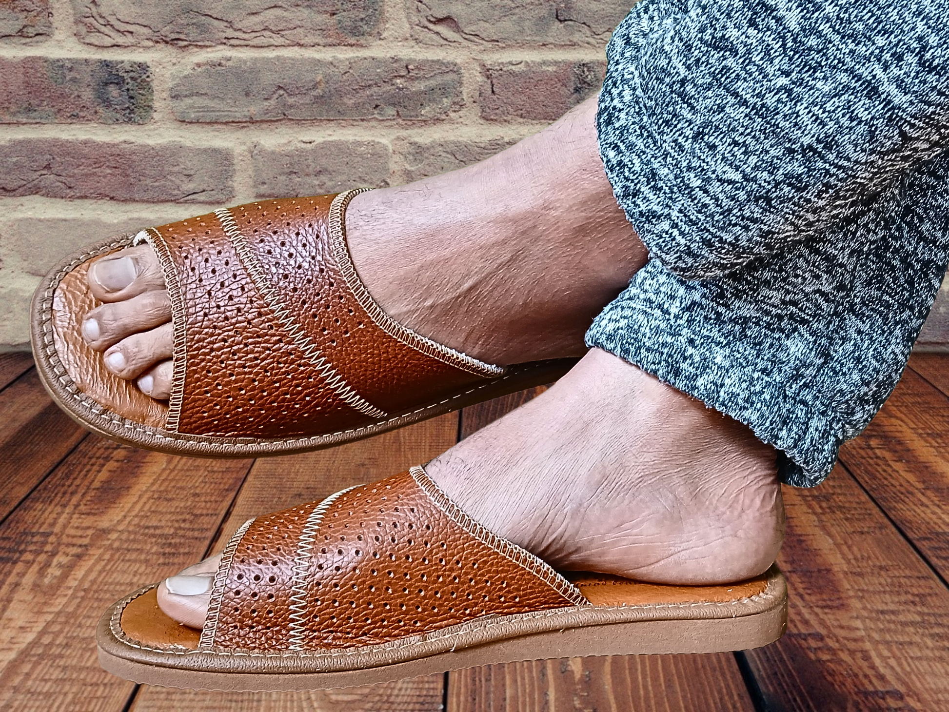 Men's brown full grain leather open toe sandals, handmade in Poland - The Leather Gift Co
