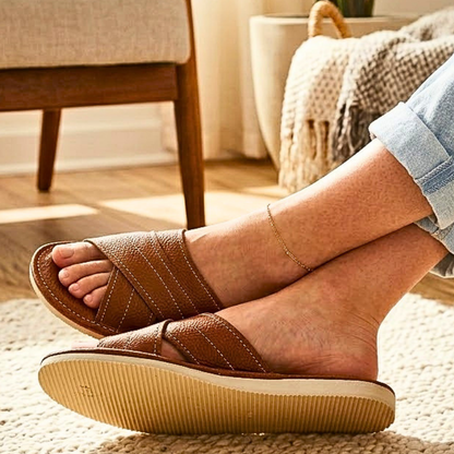Women's open toe leather house slippers – side profile view – handmade in Poland