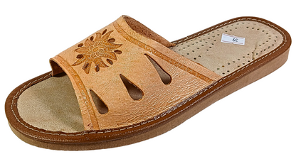 Tan leather open toe slide slipper with floral embossed detail and teardrop cutouts — side view