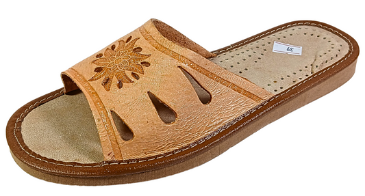 Tan leather open toe slide slipper with floral embossed detail and teardrop cutouts — side view