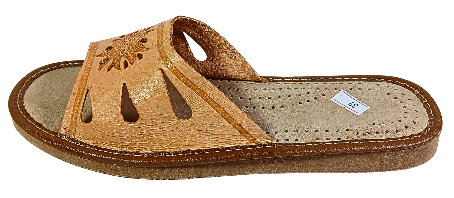 Tan leather open toe slipper with cutout upper — front angle view