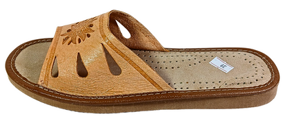 Tan leather open toe slipper with cutout upper — front angle view