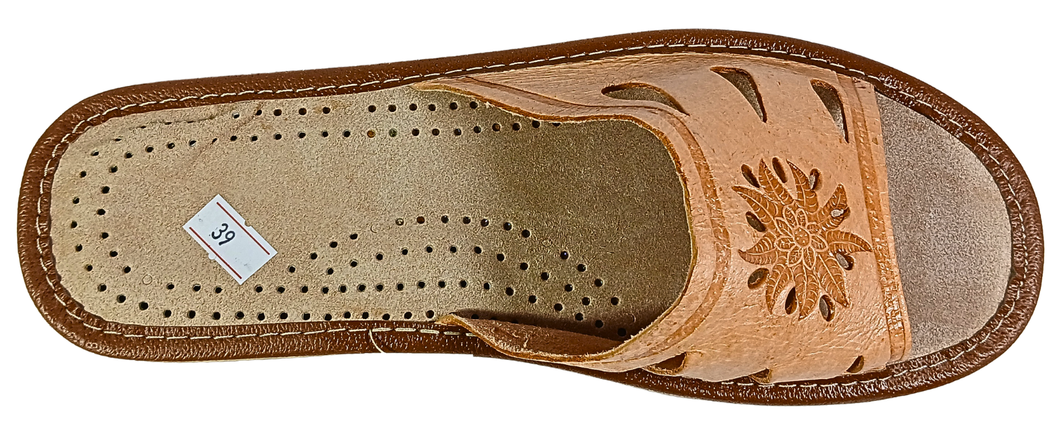 Women's tan leather house slide — back heel view showing stitching and outsole thickness