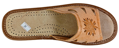 Women's tan leather house slide — back heel view showing stitching and outsole thickness