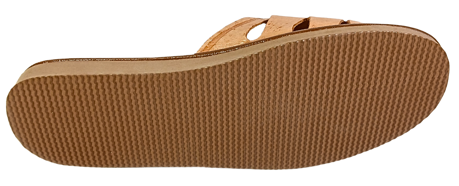 Pair of tan leather open toe slide slippers — both shoes shown together, top view