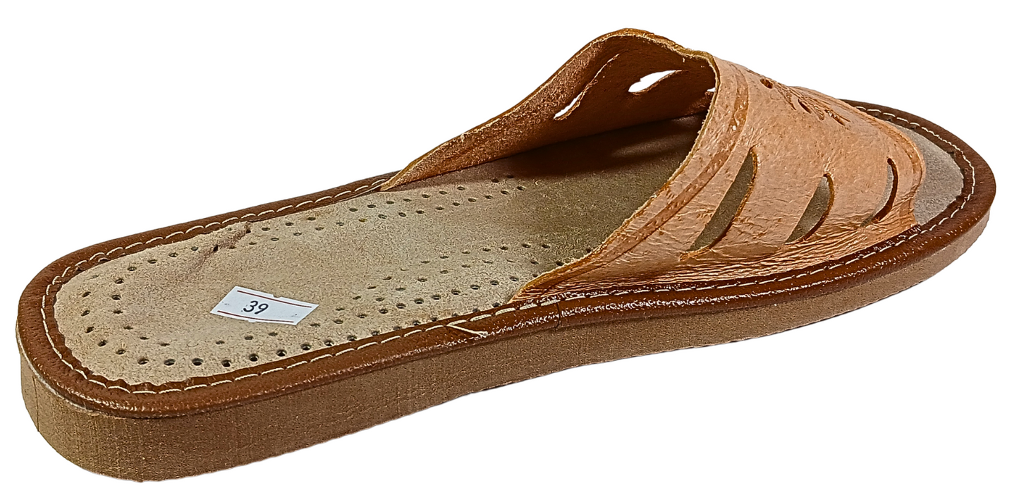 Tan leather open toe mule — close-up of hand-stitched rubber outsole and sole edge