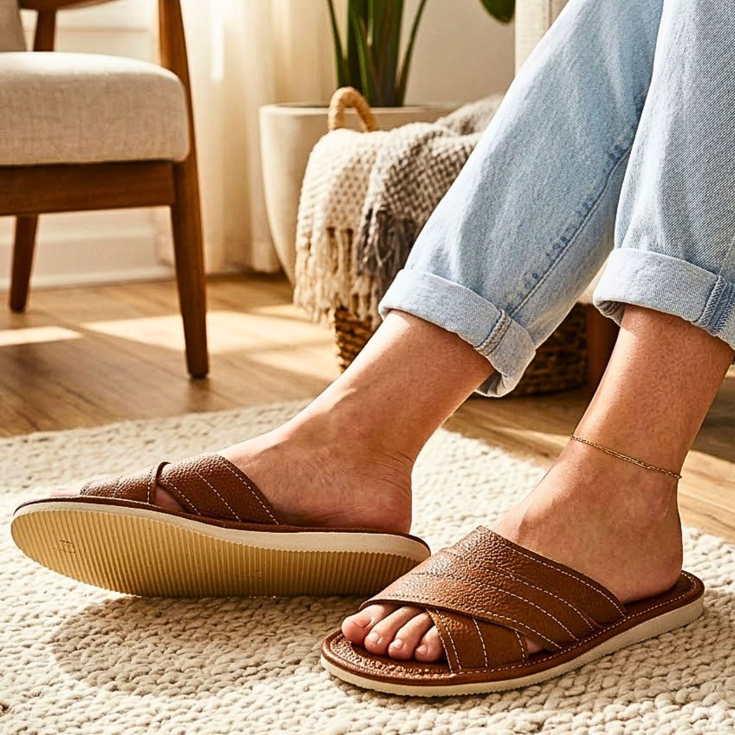Women's open toe leather slippers – top view showing sheepskin insole – The Leather Gift Co
