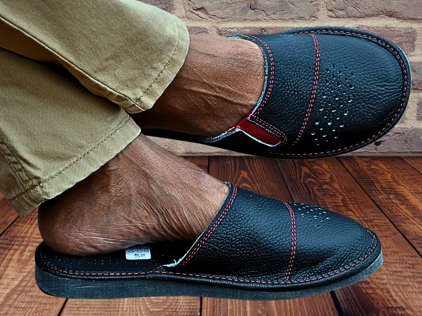 Men's cowhide leather slippers - barefoot slip-on design with sheepskin cushioned insole