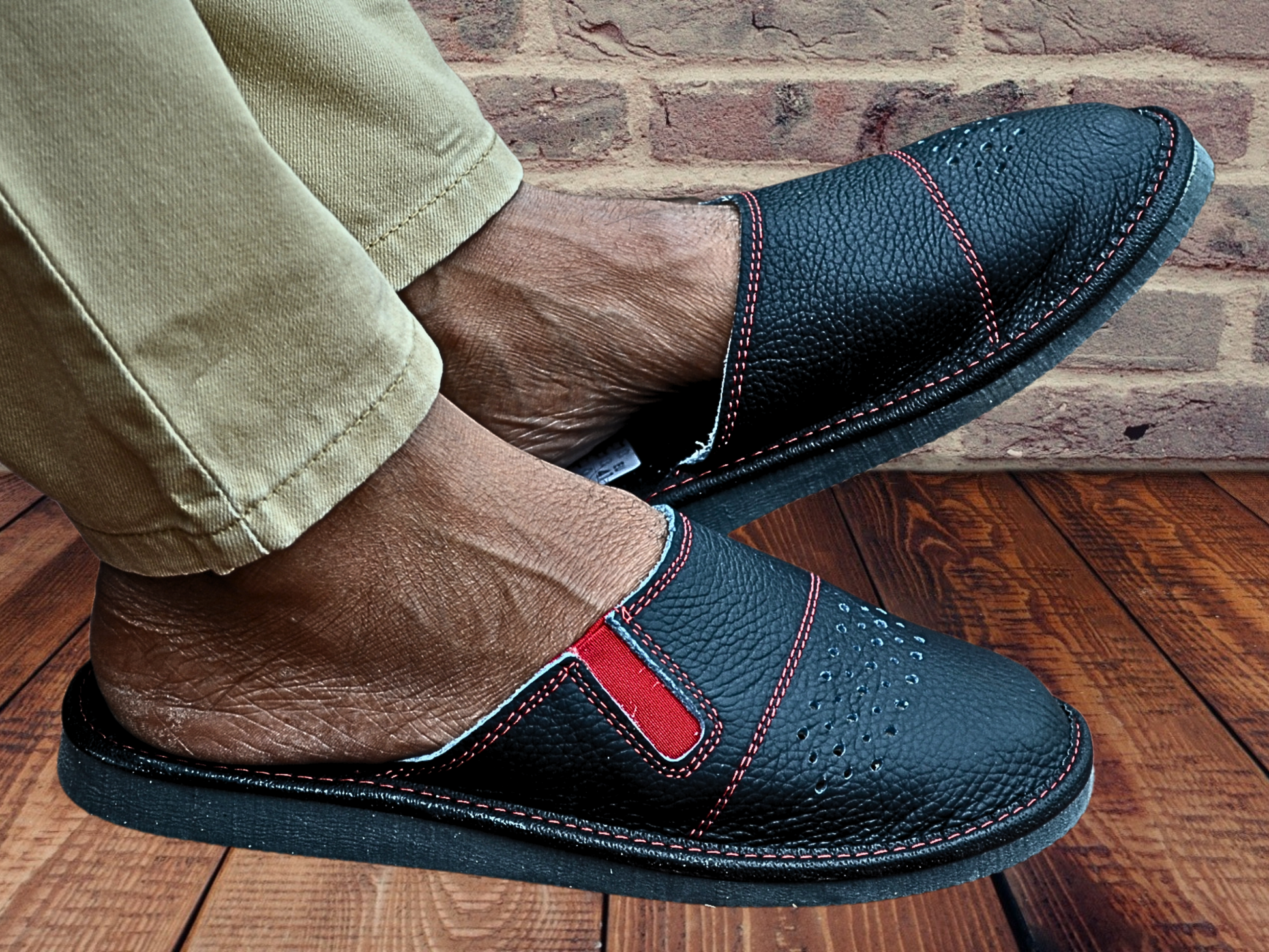 Full grain leather backless house slippers for men - lightweight EVA outsole with traction pattern