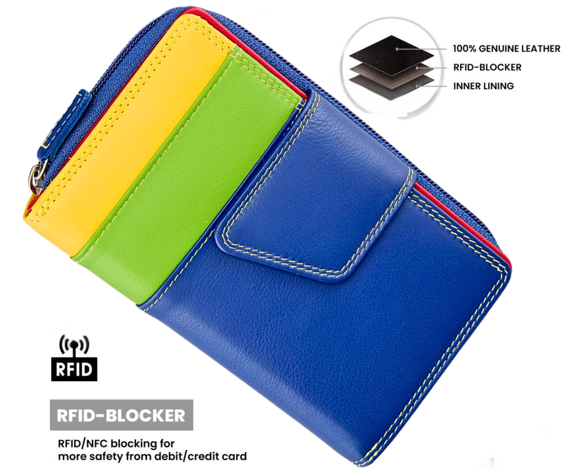 Multicolour RFID Nappa leather long purse gift idea for women – zip-around clutch wallet handmade by Polish artisans