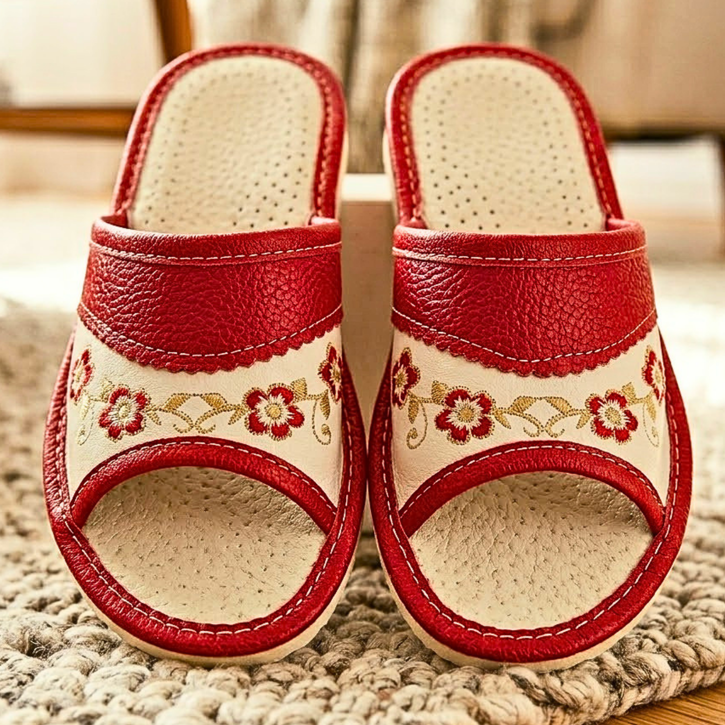 Red leather open toe house slipper — top-down view showing perforated sheepskin insole