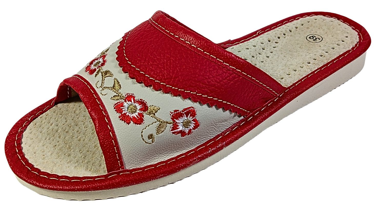 Red leather open toe slide slipper with floral embroidery on cream panel — side view