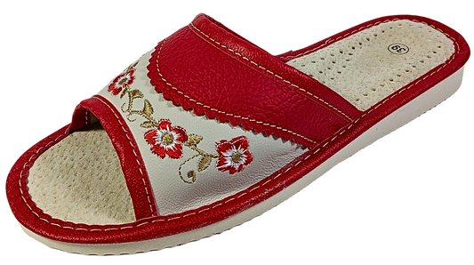 Red leather open toe slide slipper with floral embroidery on cream panel — side view