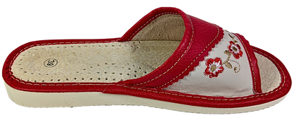 Pair of red leather open toe slippers — both shoes shown together, top view