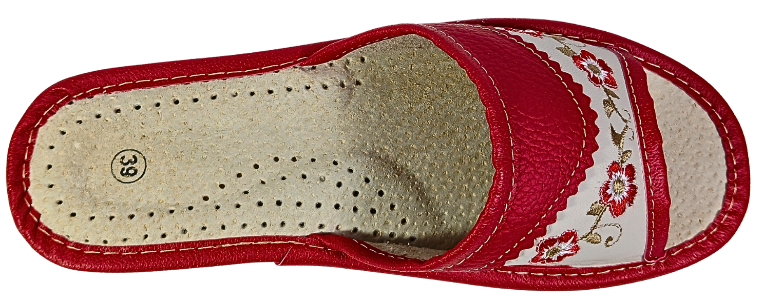 Red leather women's open toe slide — three-quarter angle showing full upper and insole