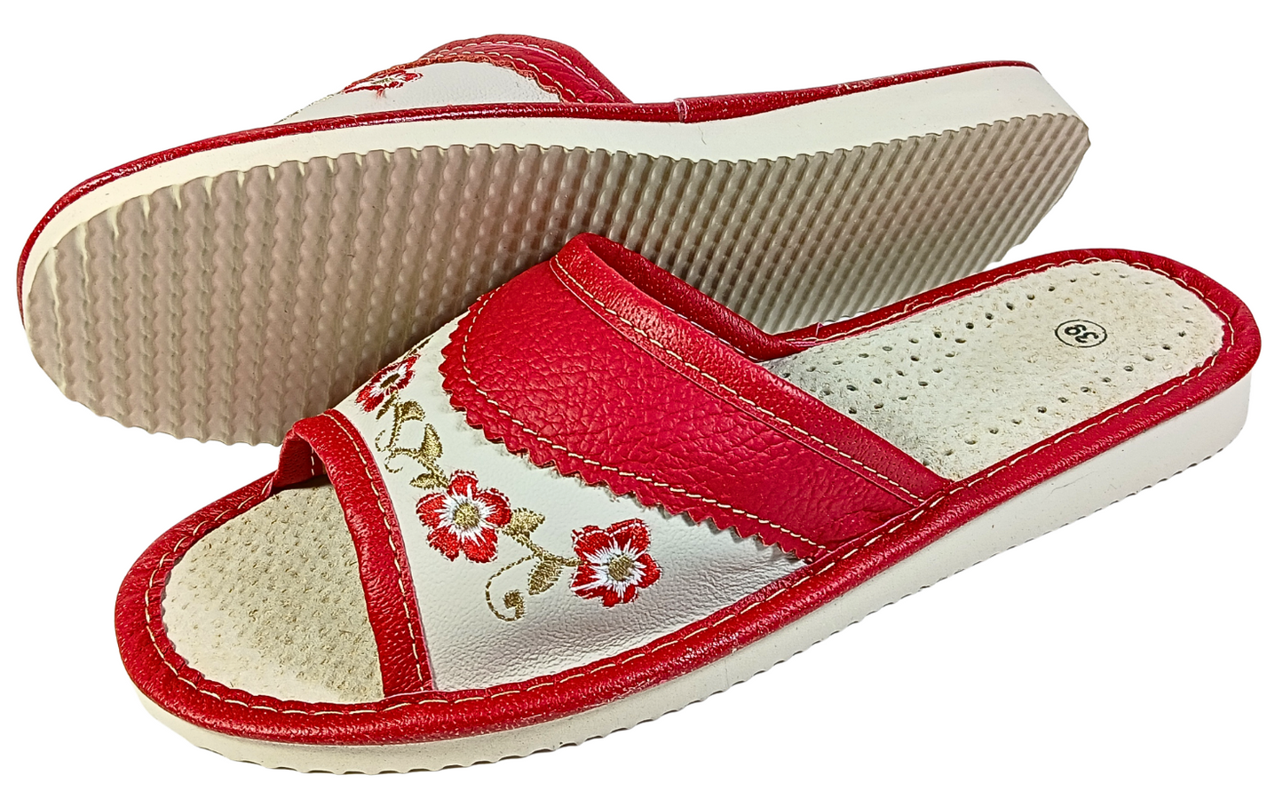 Red leather slide slipper — back heel view showing hand-stitching and white rubber sole