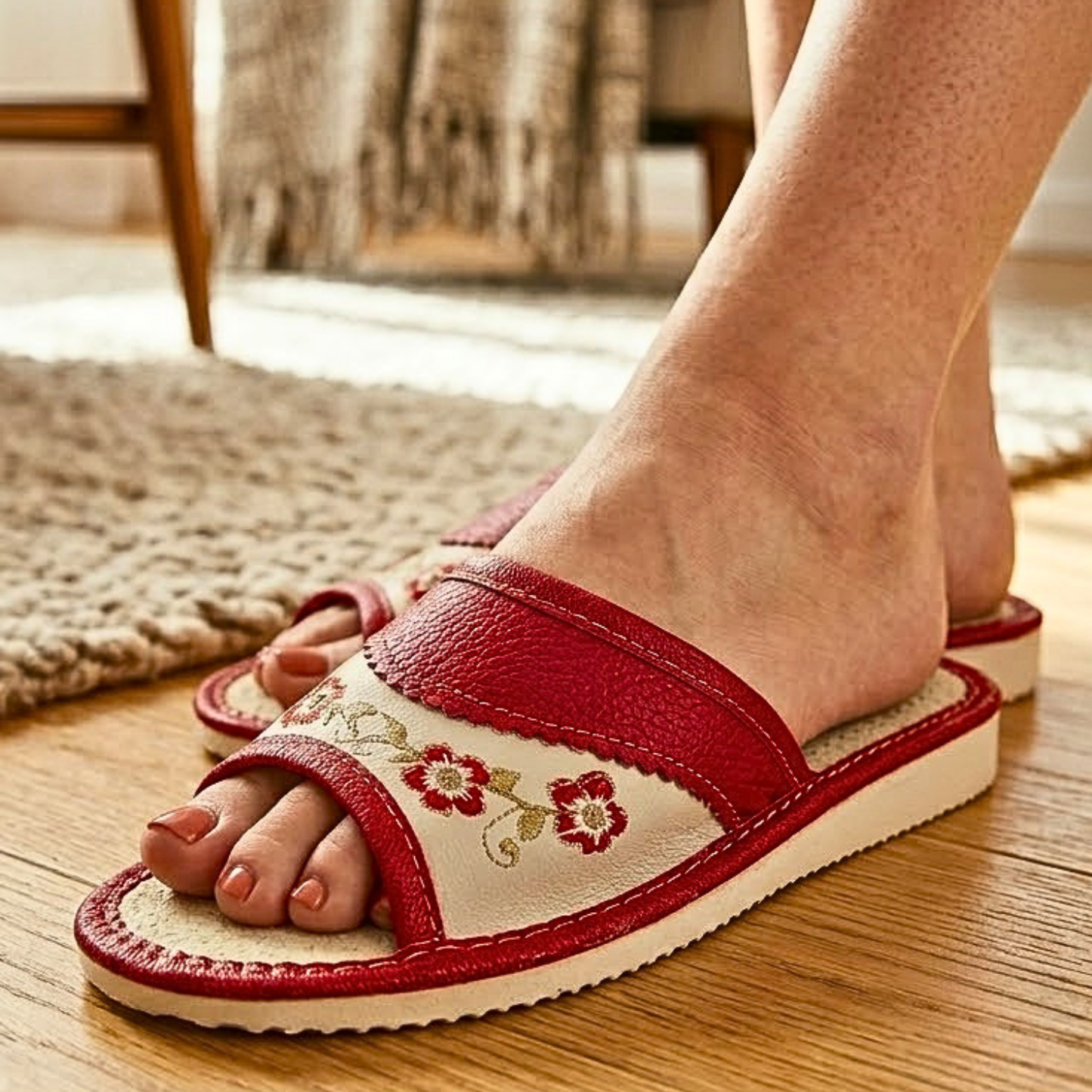 Red and cream leather slide slipper — front angle view showing open toe and rubber outsole