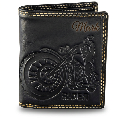 personalized Black leather wallet for men with motorcycle design and 'Mark' engraving
