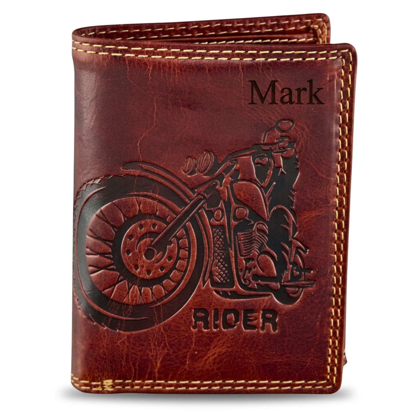 Personalized Brown Men's wallet with motorcycle design and 'Mark' engraving