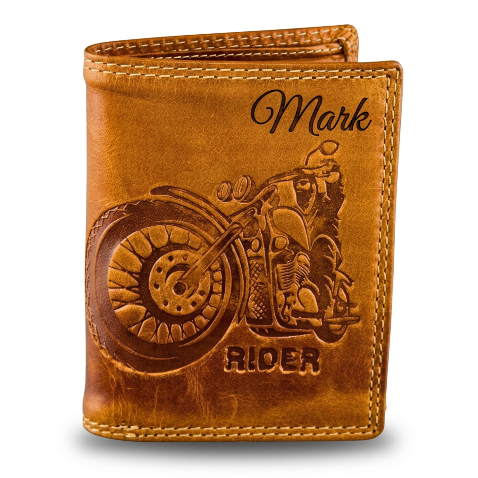 Tan leather wallet with motorcycle design and 'Mark' engraving.