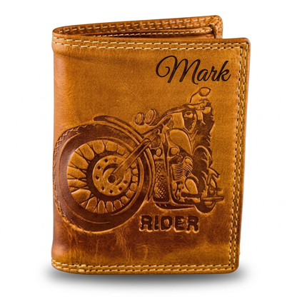 Tan leather wallet with motorcycle design and 'Mark' engraving.