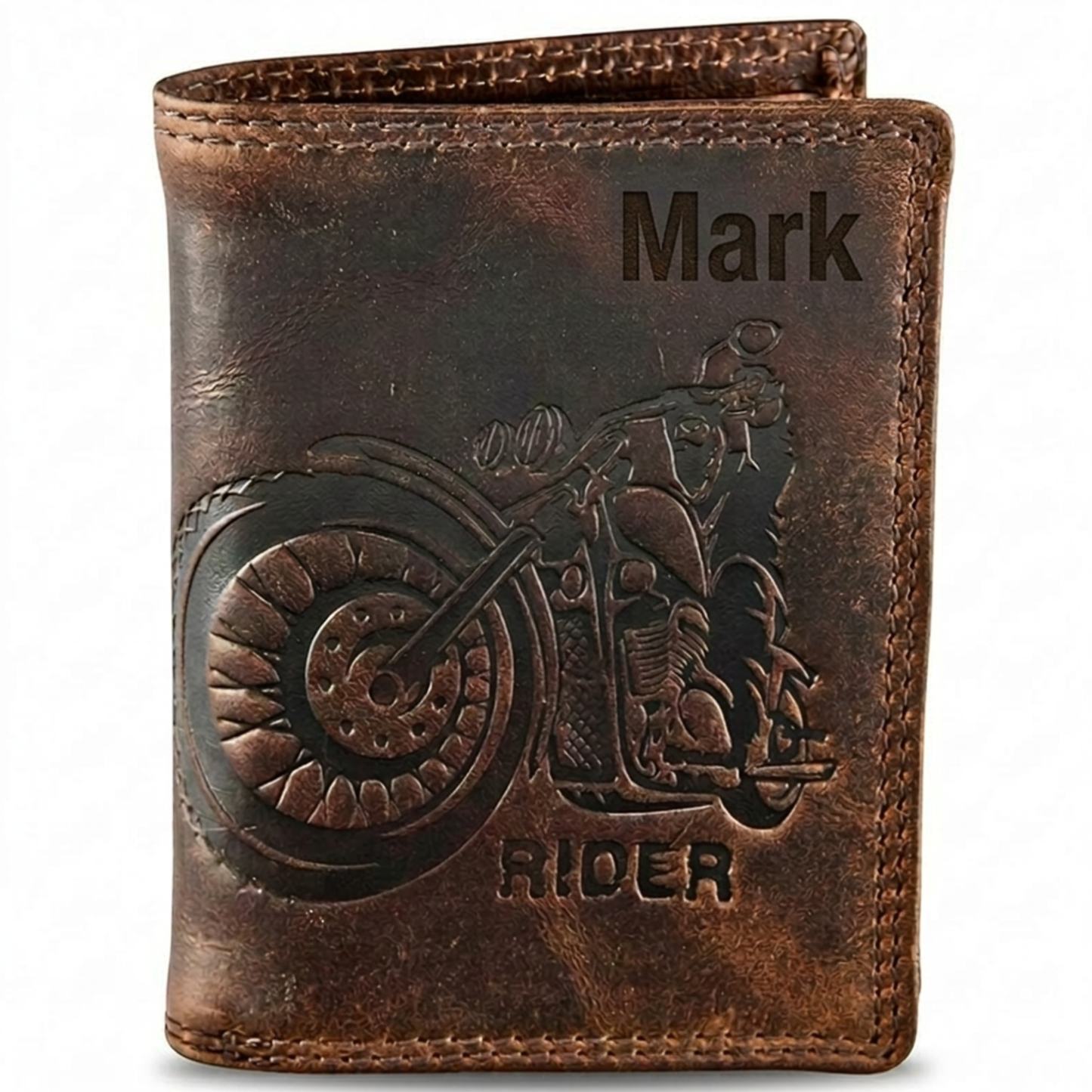 Personalized Brown leather wallet for men with motorcycle design and 'Mark' engraving 