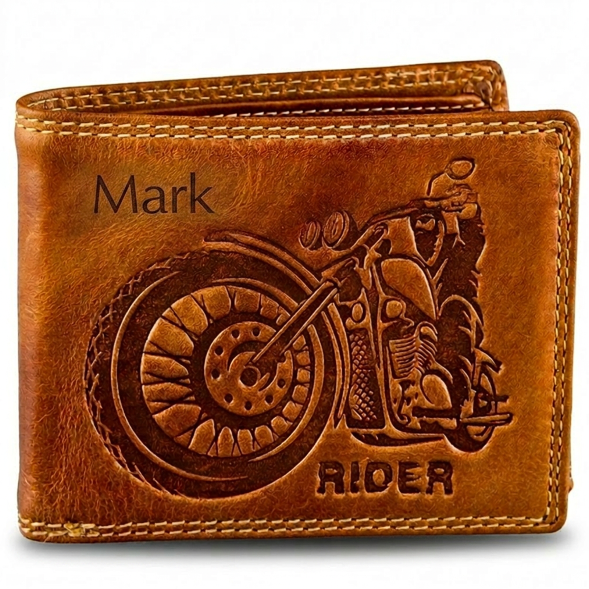 Personalized Brown leather wallet with motorcycle design and 'Mark ' engraving