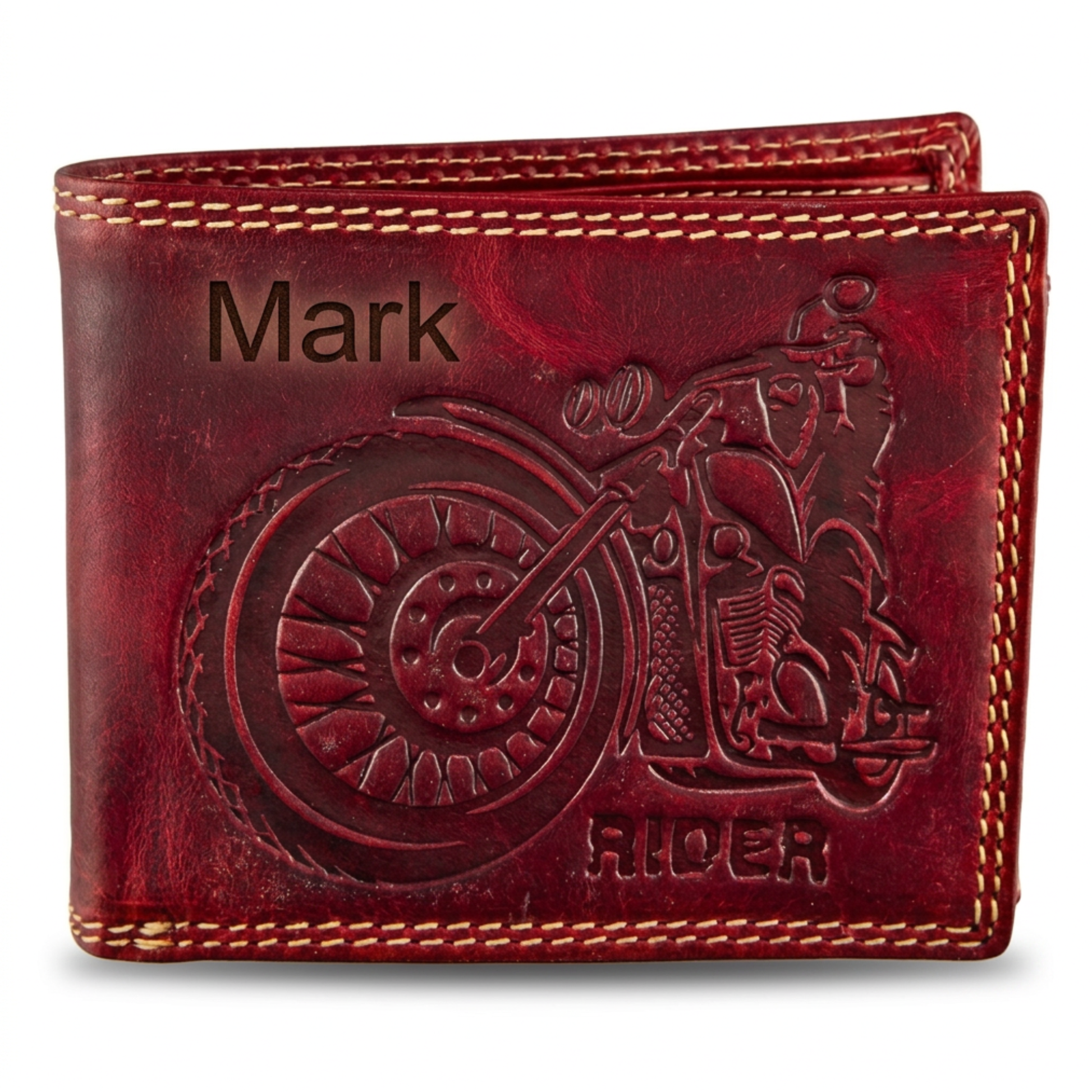 Personalized Red leather wallet for him with motorcycle design and 'Mark' engraving 