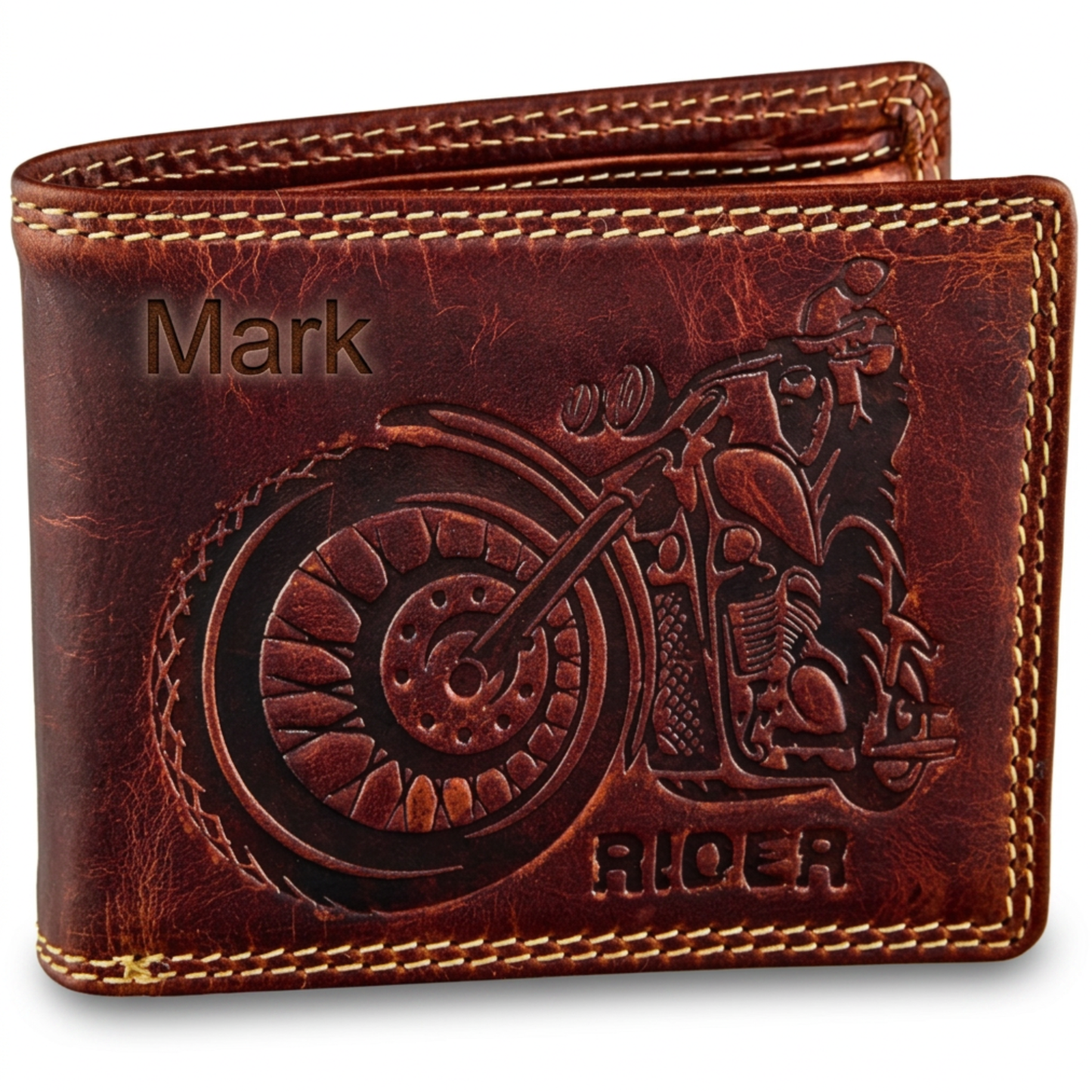 Personalized Brown bifold leather wallet for me with motorcycle design and 'Mark' engraving