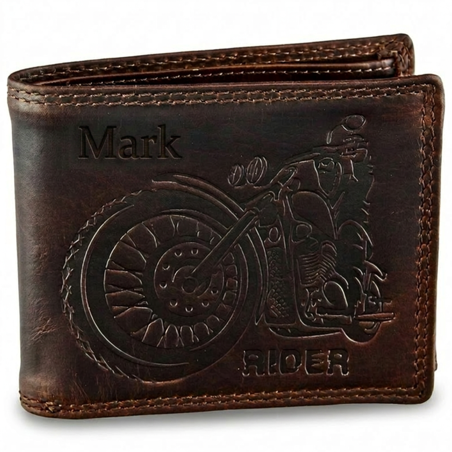 Personalized Brown leather wallet for men with motorcycle design and 'Mark' engraving