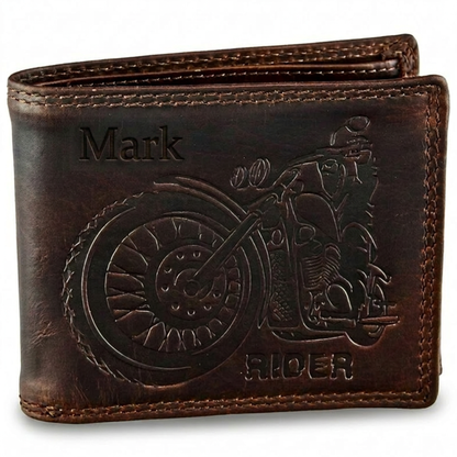 Personalized Brown leather wallet for men with motorcycle design and 'Mark' engraving