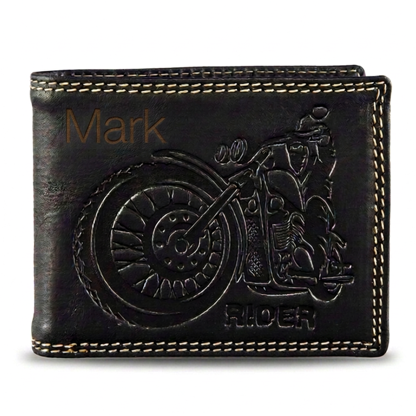 Personalized Black men's leather wallet with embossed motorcycle and rider design