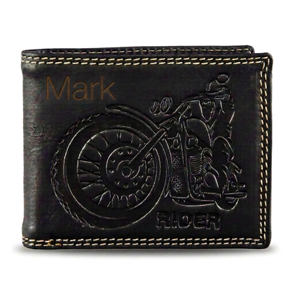 Personalized Black men's leather wallet with embossed motorcycle and rider design