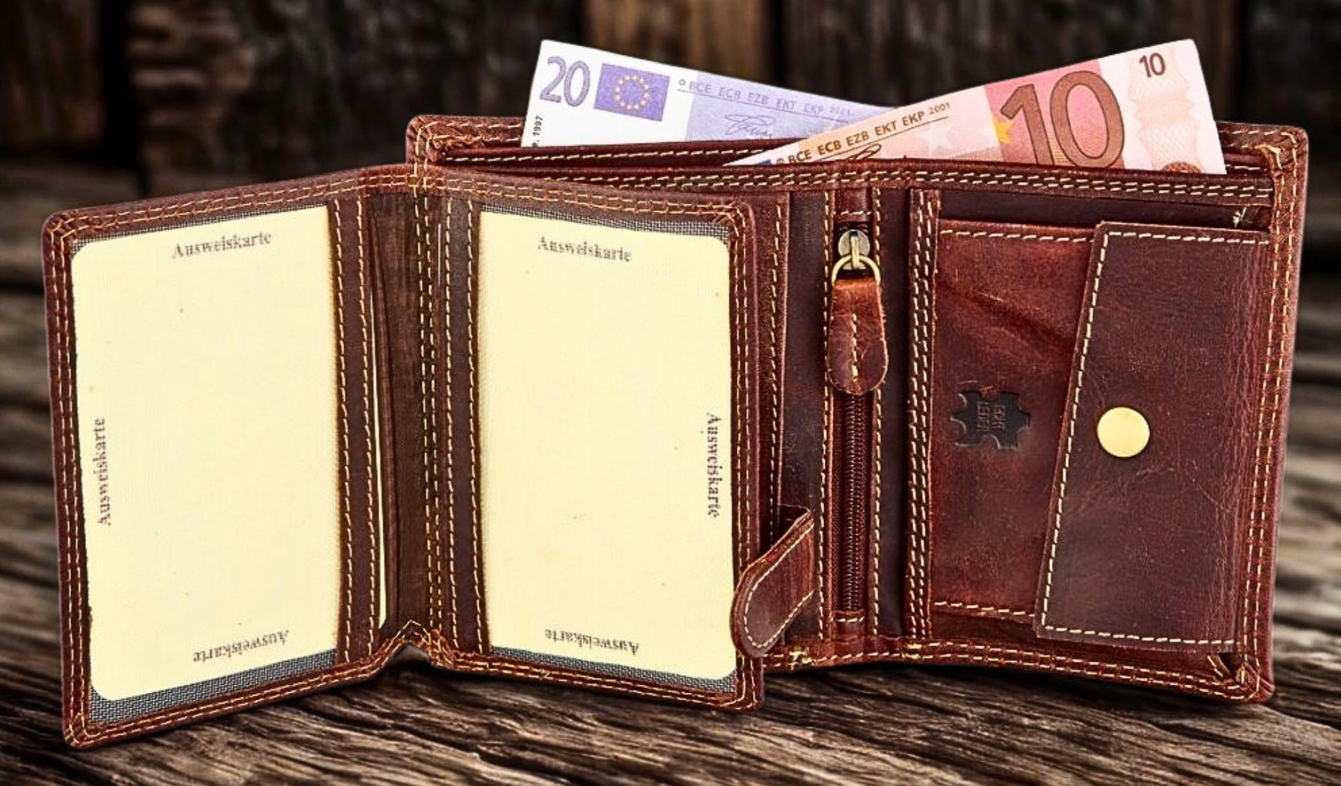 Men's bifold biker wallet with 2 clear ID windows