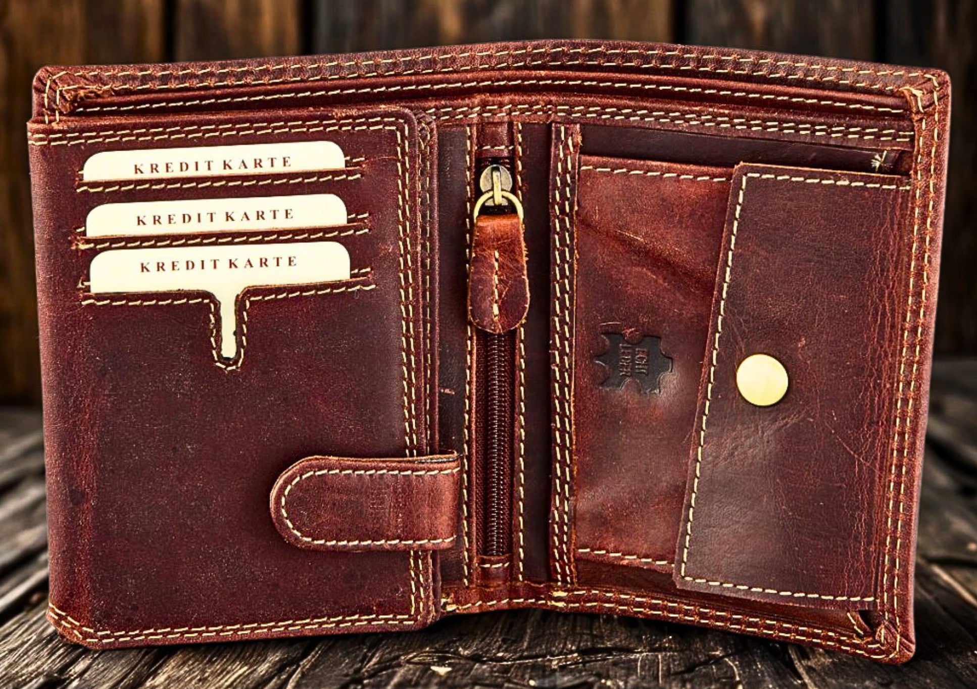Water Buffalo leather biker wallet with zippered safety pocket detail