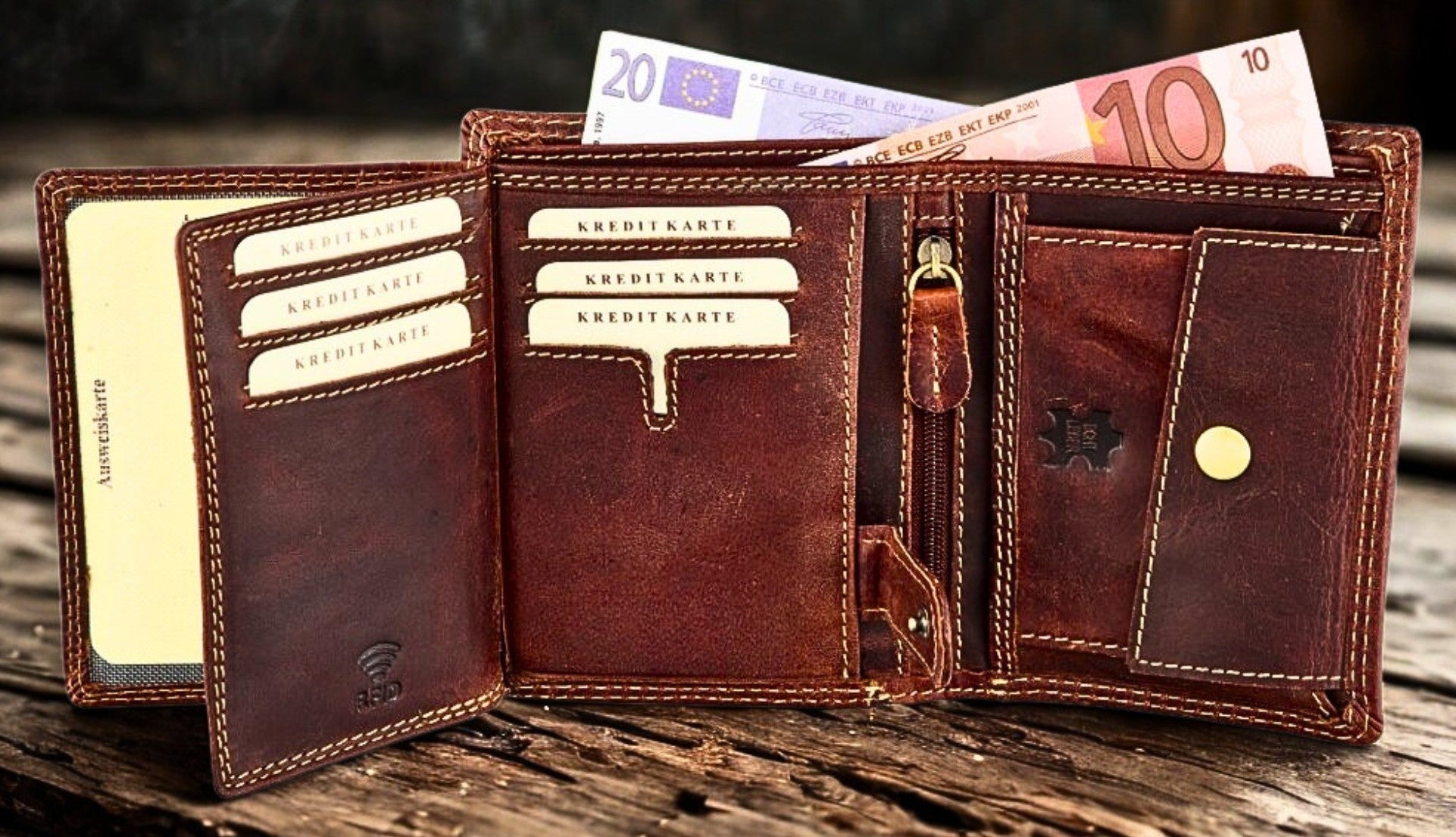 Biker leather wallet open showing 9 card slots and ID windows