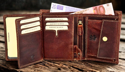 Biker leather wallet open showing 9 card slots and ID windows