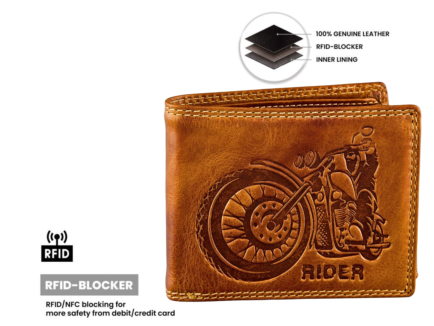 RFID blocking bifold leather wallet men secret zippered pocket coin pouch
