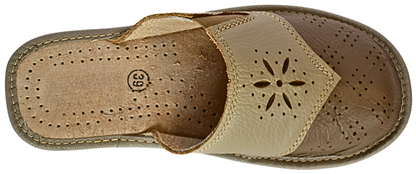 Close-up of natural cowhide leather texture on women's handmade house slippers - The Leather Gift Co