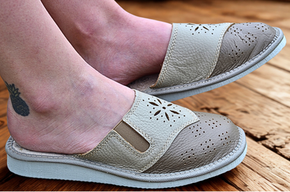Women's handmade cowhide leather house slippers, wide fit closed toe mules, made in Poland - The Leather Gift Co