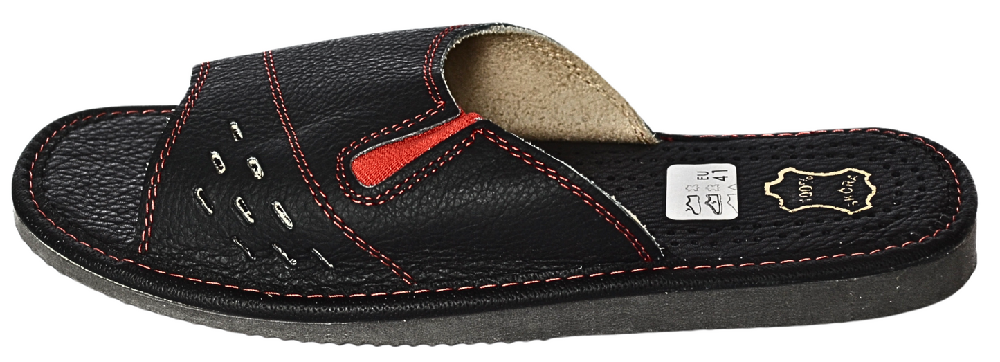 Black leather open toe house slides for men, sheepskin insole, handmade in Poland - The Leather Gift Co