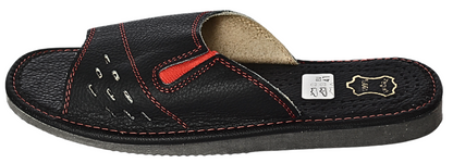 Black leather open toe house slides for men, sheepskin insole, handmade in Poland - The Leather Gift Co