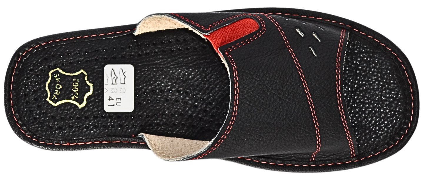Black leather open toe house slides for men with cushioned sheepskin insole, handmade in Poland - The Leather Gift Co