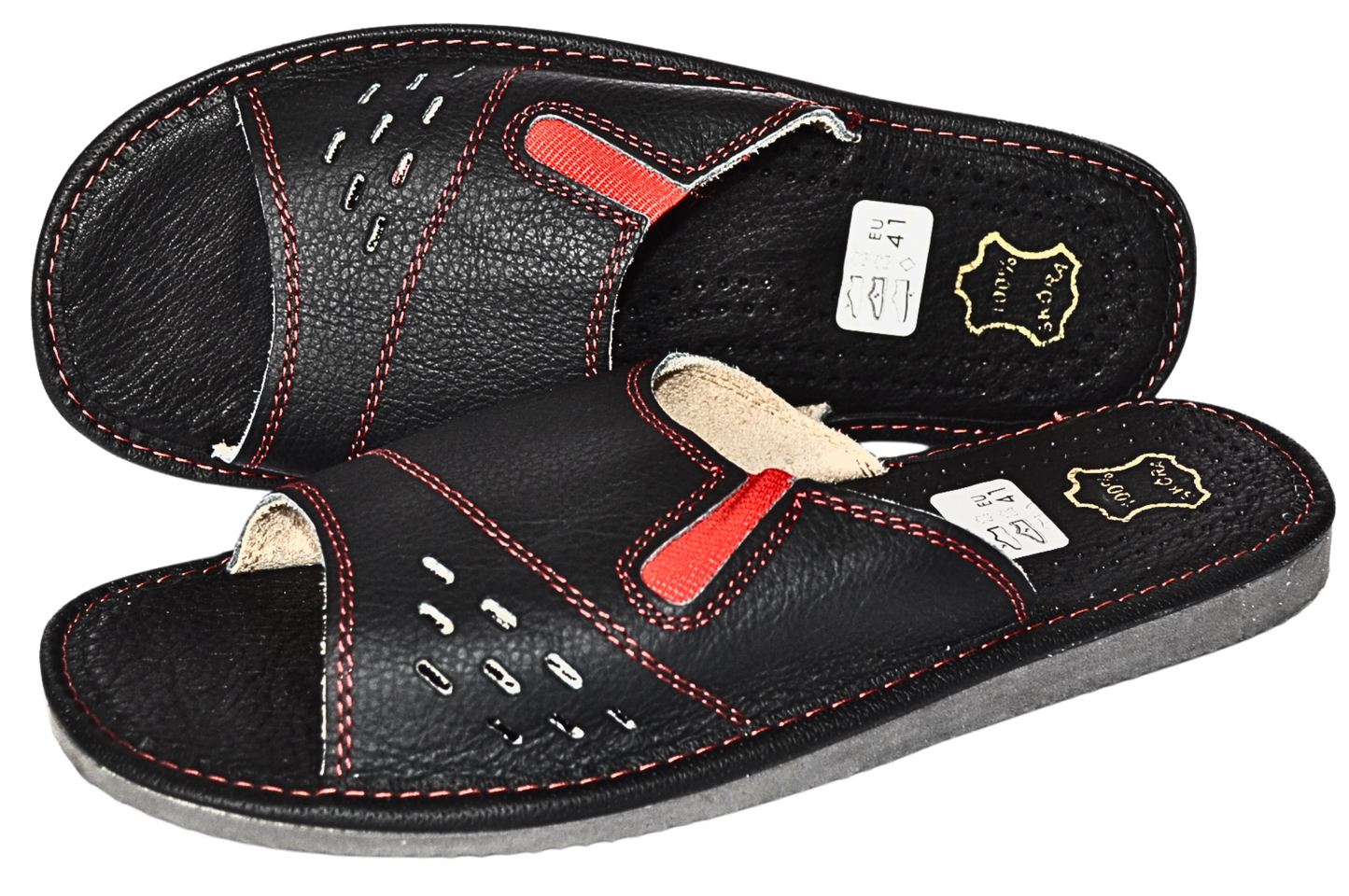 Handmade leather open toe sandals for men in black, slip-on house slides made in Poland - The Leather Gift Co