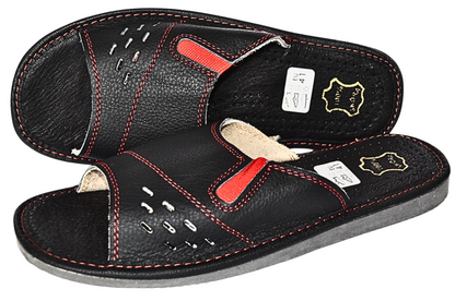 Handmade leather open toe sandals for men in black, slip-on house slides made in Poland - The Leather Gift Co