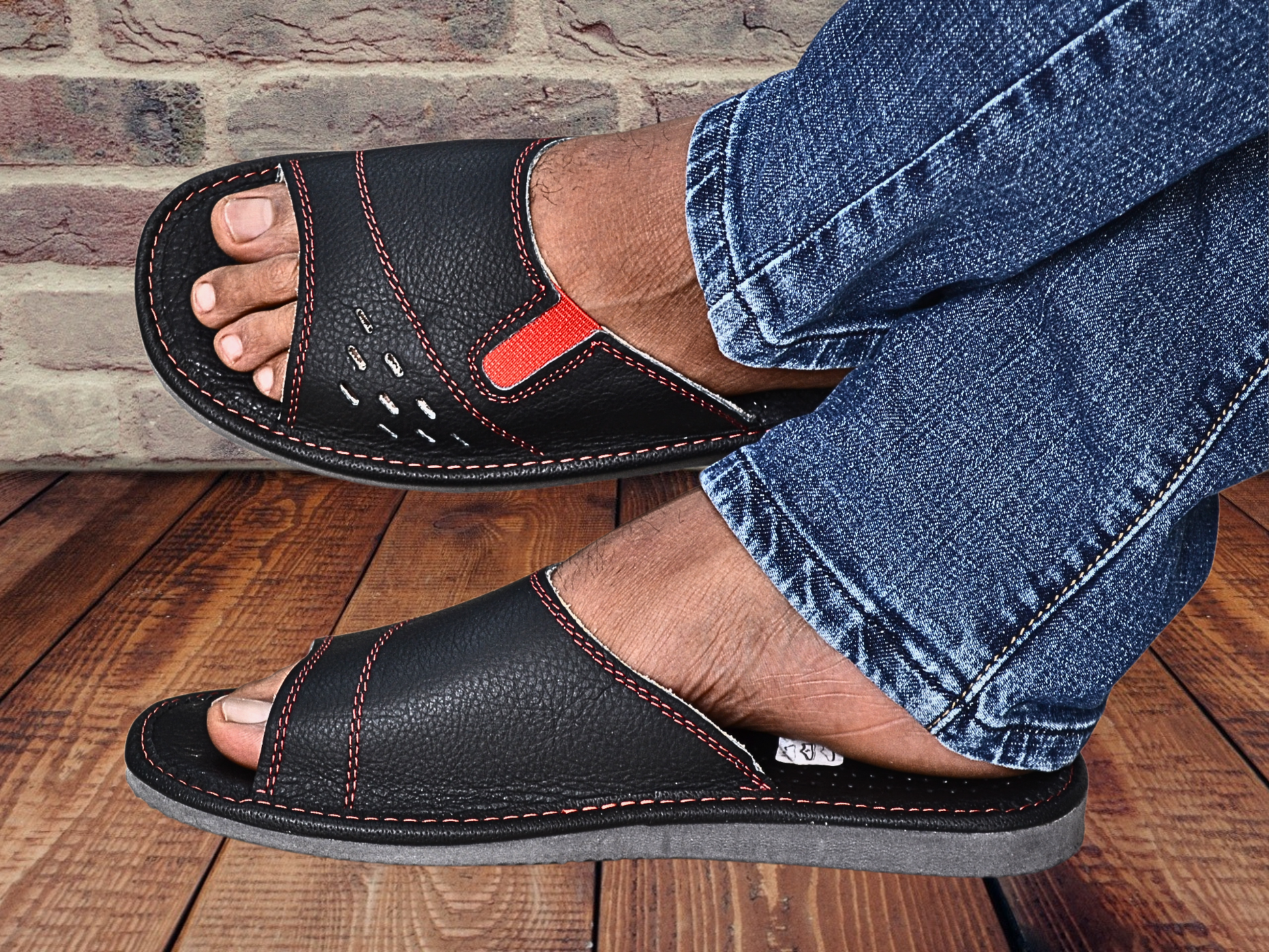 Men's cowhide leather flip flop slides, open toe mule, rubber sole - The Leather Gift Co