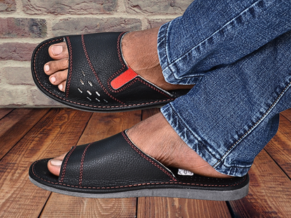 Men's cowhide leather flip flop slides, open toe mule, rubber sole - The Leather Gift Co