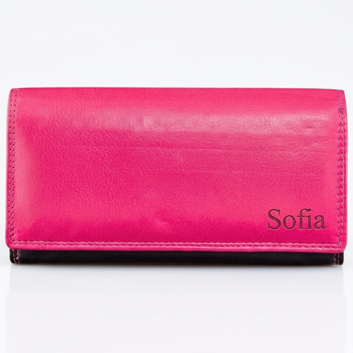 Personalized Pink wallet for women with 'Sofia' engraving on a white background