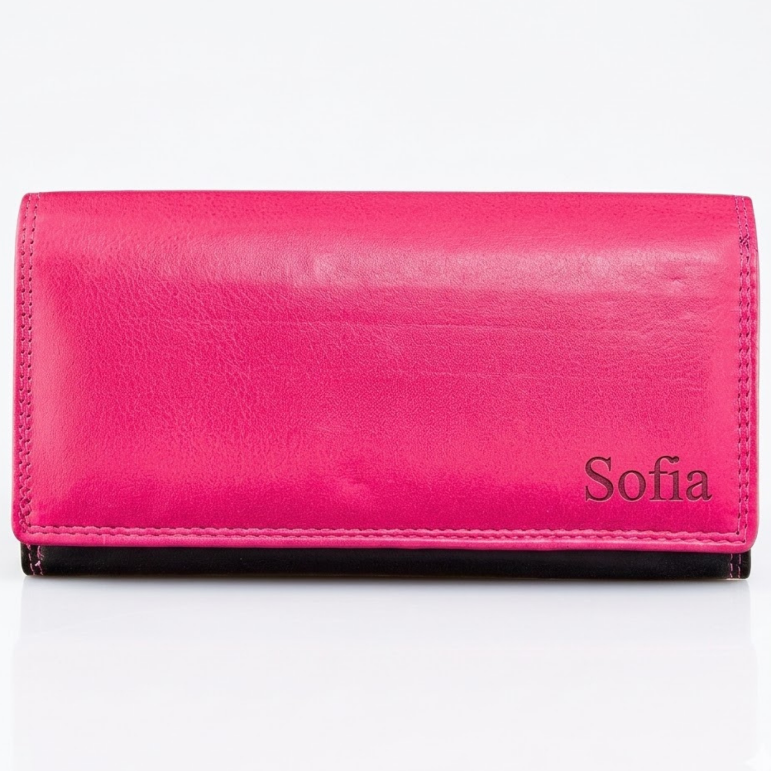 Personalized Pink wallet for women with 'Sofia' engraving on a white background