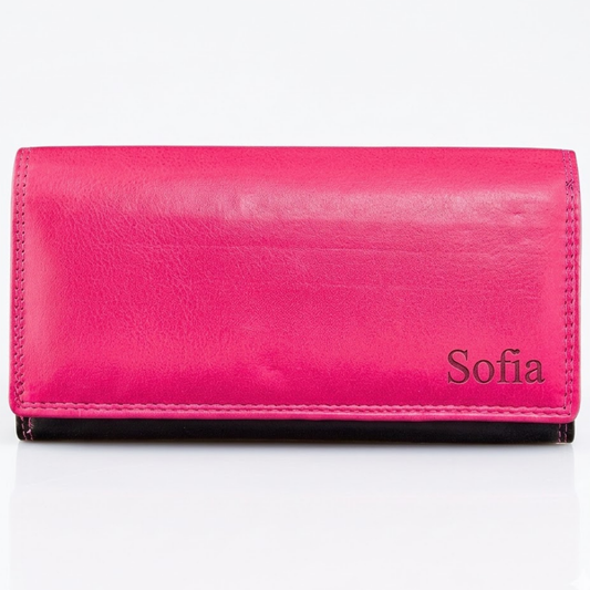 Personalized Pink wallet for women with 'Sofia' engraving on a white background
